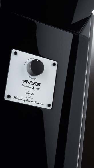 AMT tweeter adjustment knob on the rear panel, signed and marked Handcrafted in Estonia