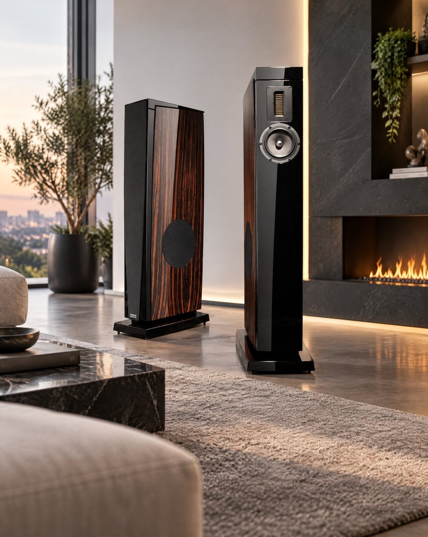 AUDES Excellence 3 AMT loudspeakers beside a modern fireplace, one showing its single side-firing woofer