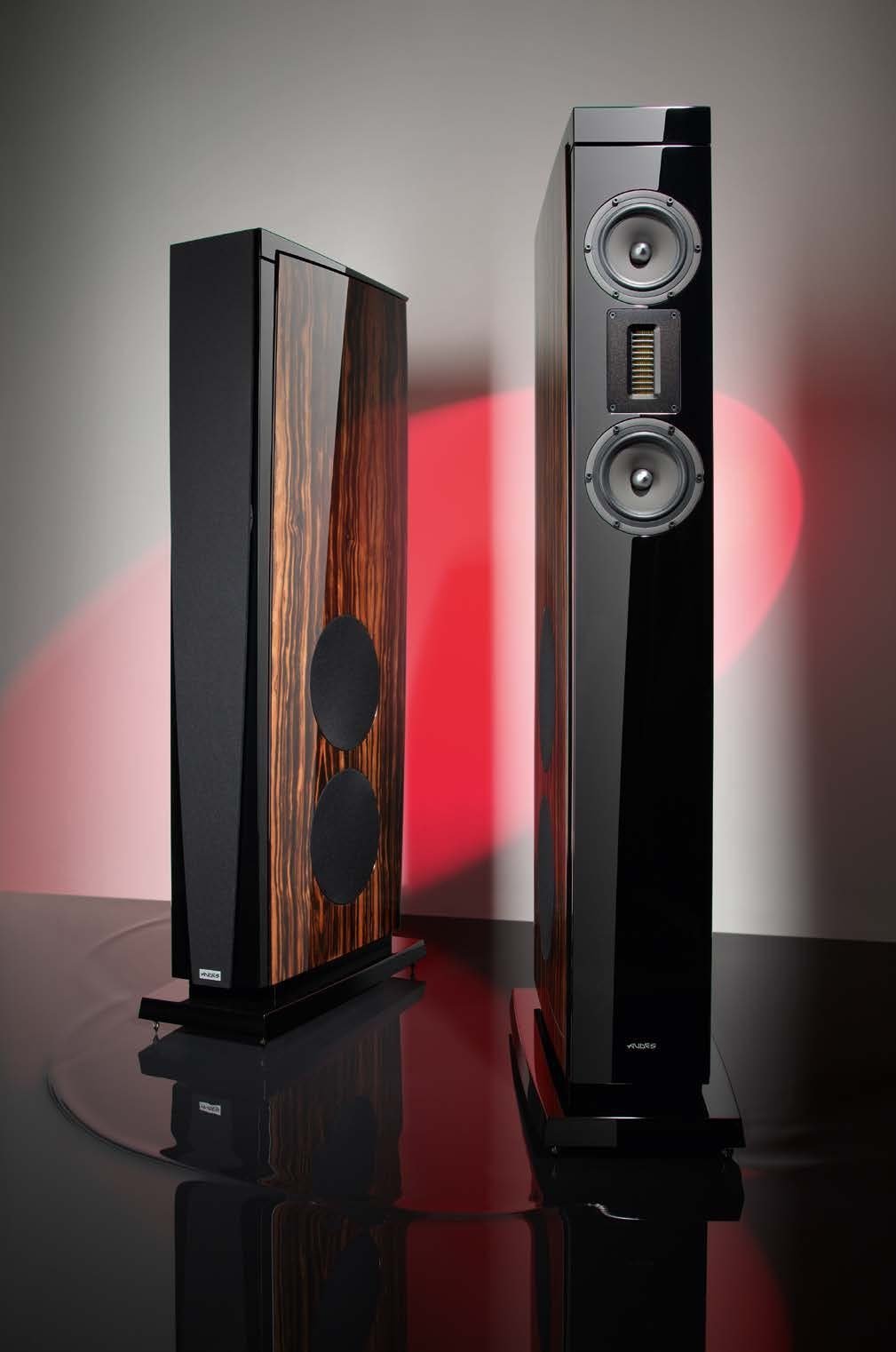 A pair of AUDES Excellence 5 AMT loudspeakers in black piano finish with Makassar ebony side panels