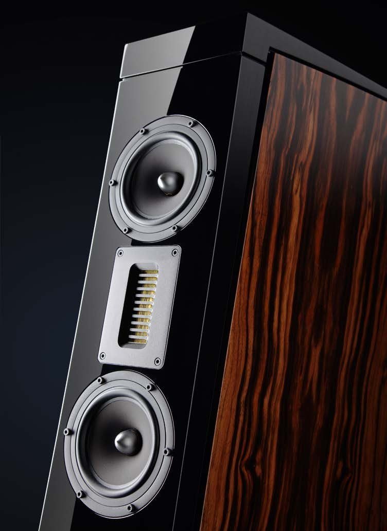 Close-up of the Excellence AMT front baffle: two SEAS EXCEL midranges around the AMT tweeter, with Makassar ebony side panel