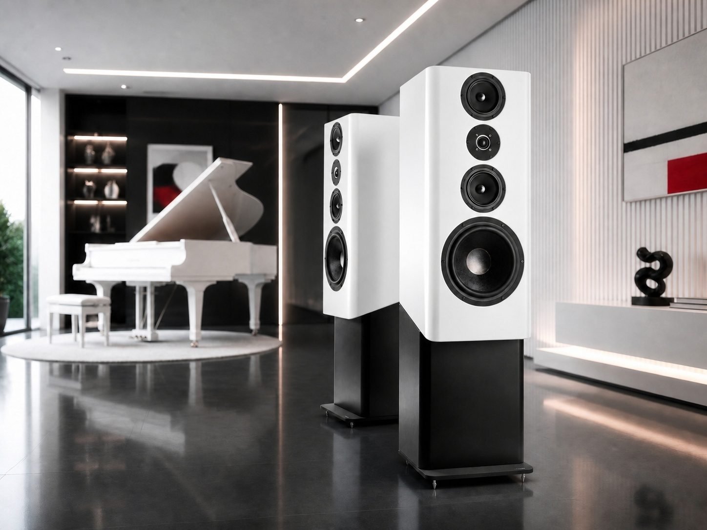 M Series loudspeakers in white beside a grand piano