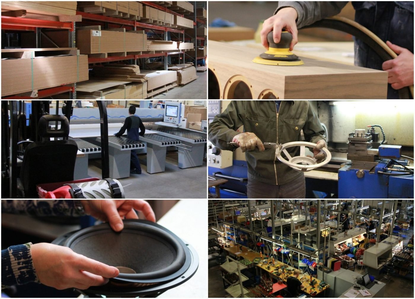 AUDES production in Europe: panel stock, hand-sanding a walnut cabinet, CNC panel cutting, measuring a machined driver basket, inspecting a woofer, and the assembly floor