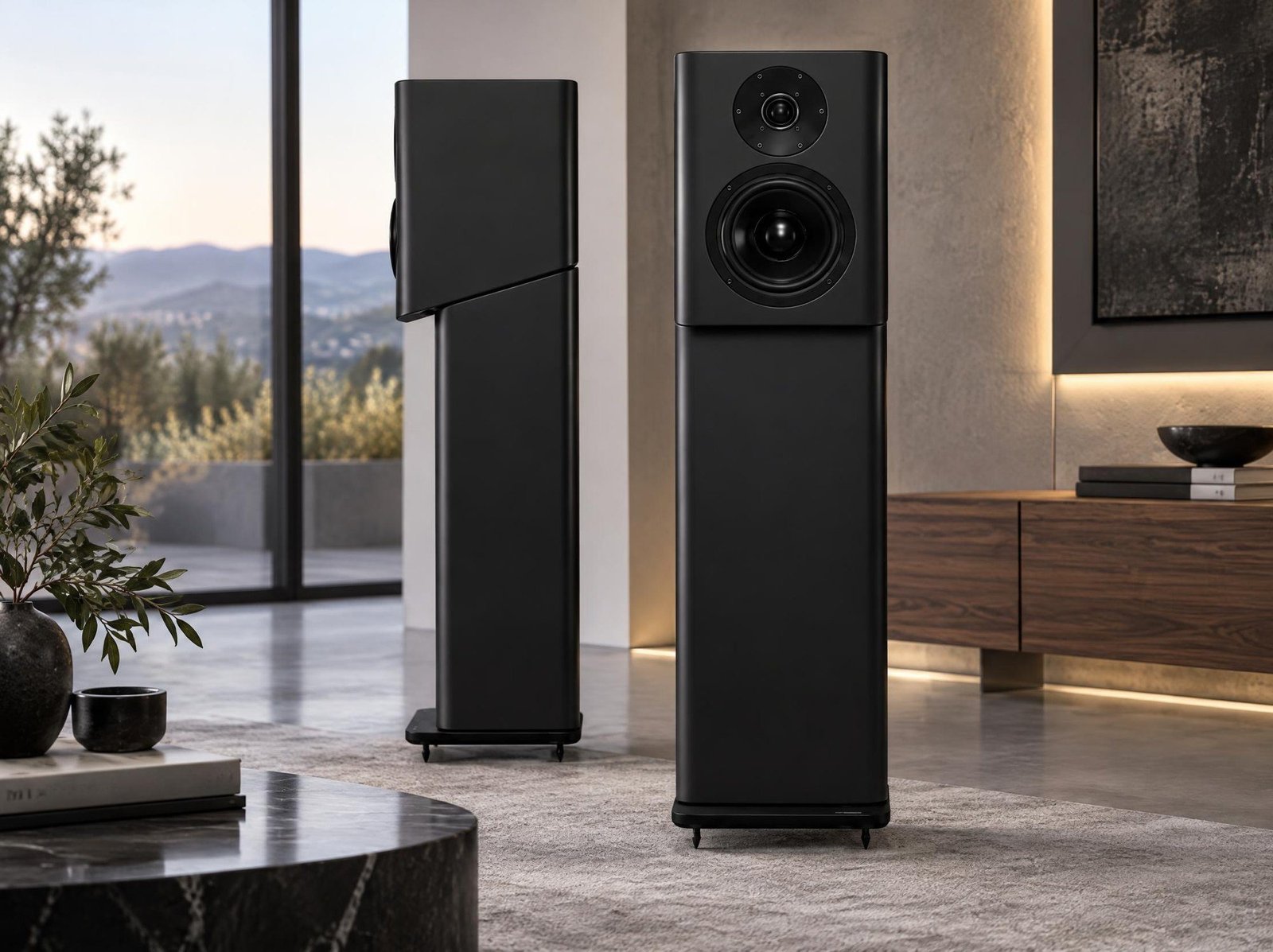 Audes M2 loudspeakers in matte black, one seen from the side showing the angled split between cabinet and stand