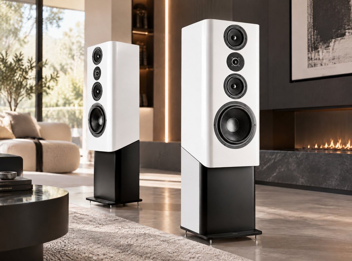 A pair of Audes M5 loudspeakers in gloss white on black stands, in a modern living room with a fireplace