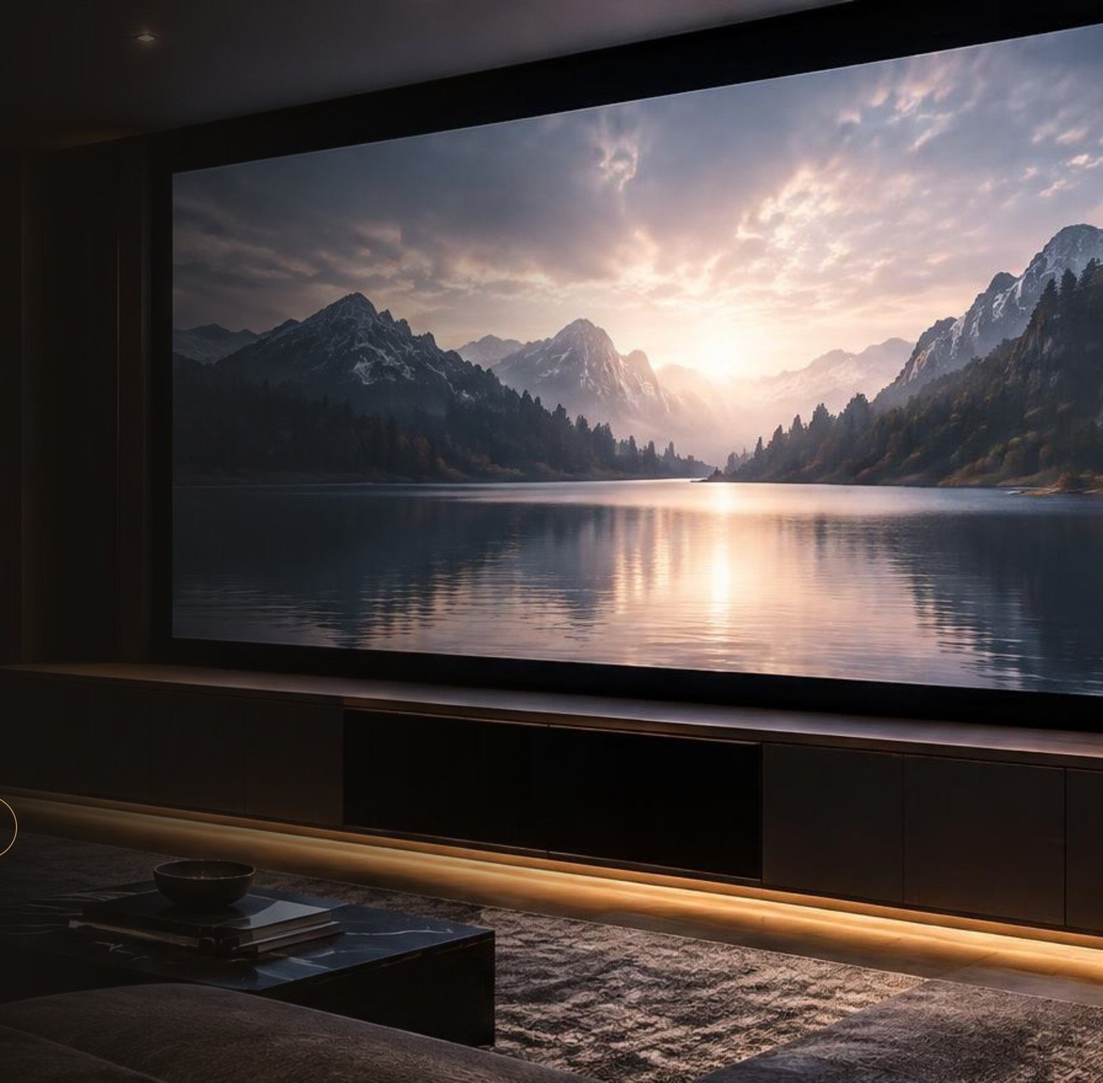 Dark home theater with a large screen showing a mountain lake at sunset