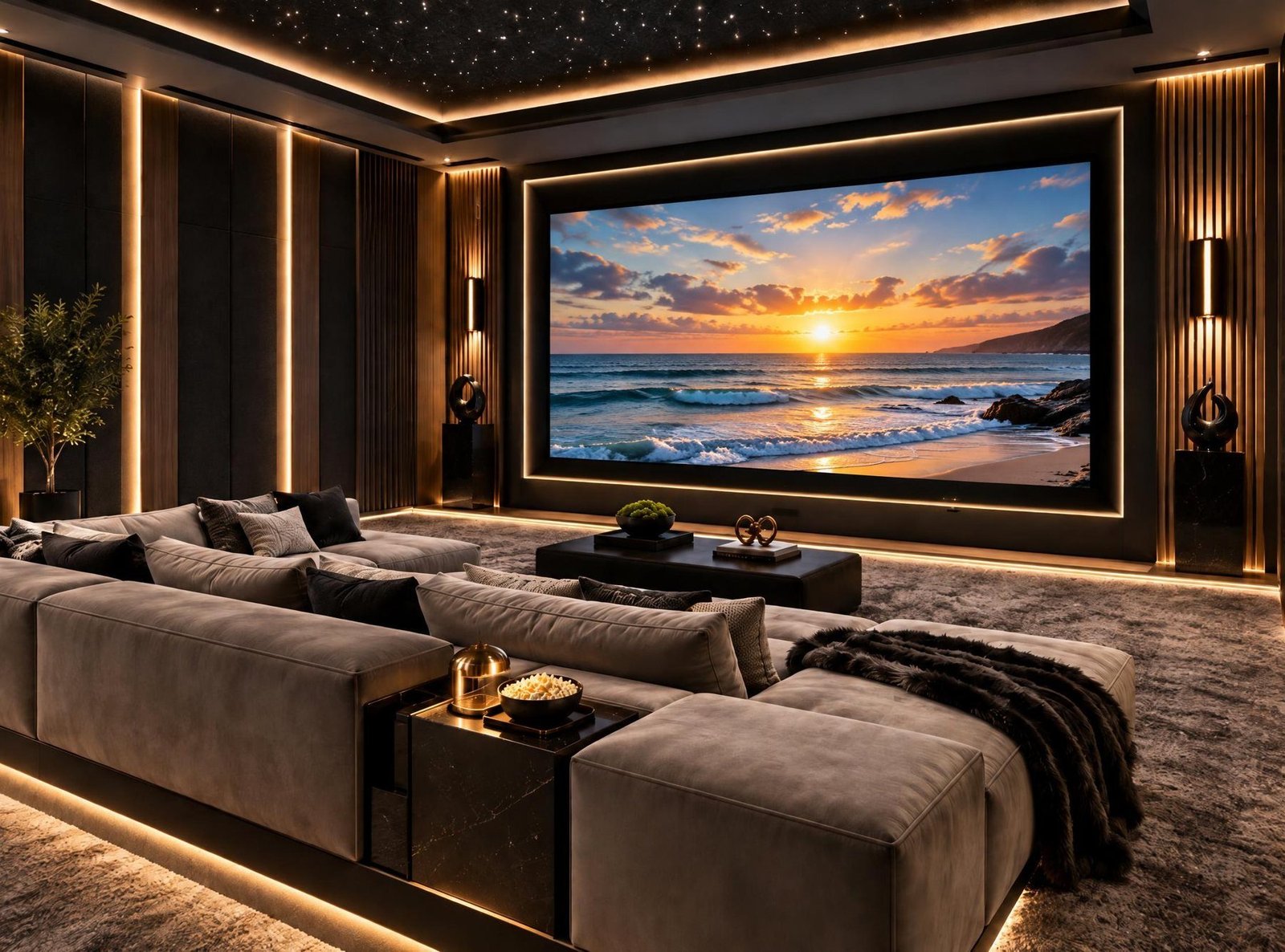 Luxury home theater with a star ceiling, warm wall lighting, a large screen showing an ocean sunset and a deep sectional sofa