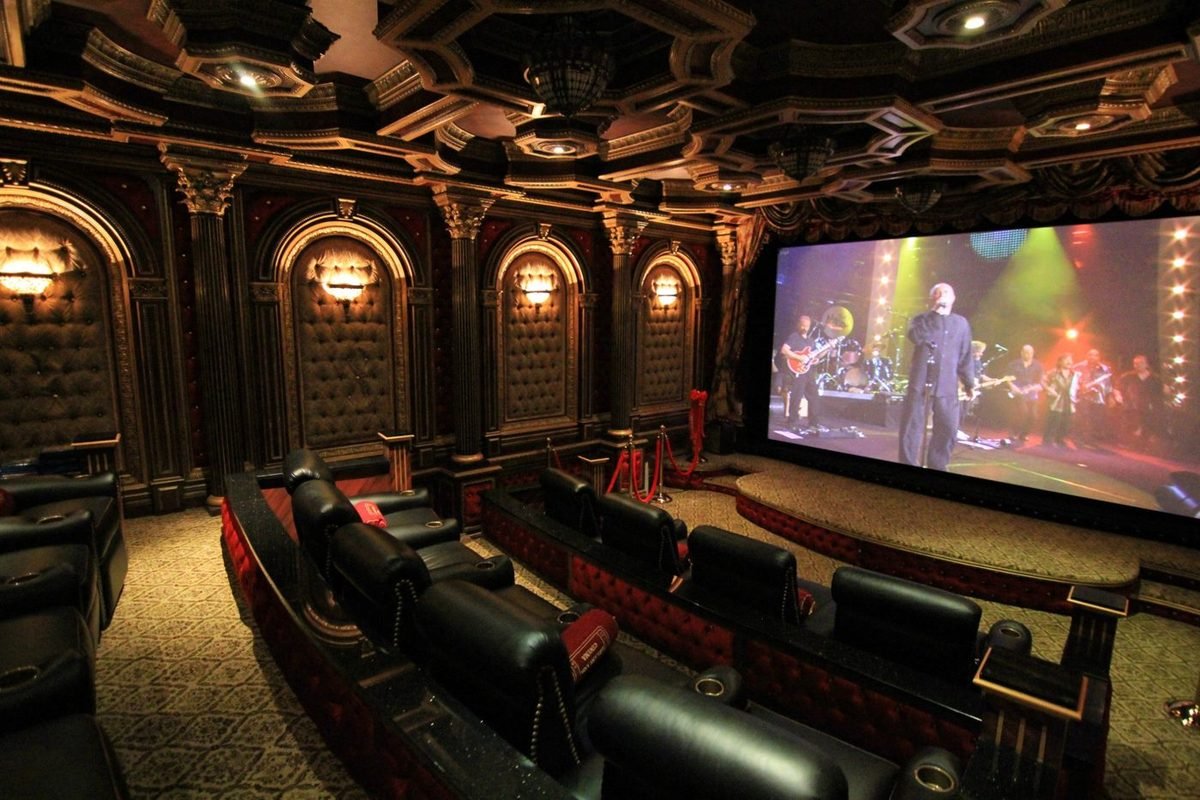 Side view of the grand theater with tiered seating and a large screen