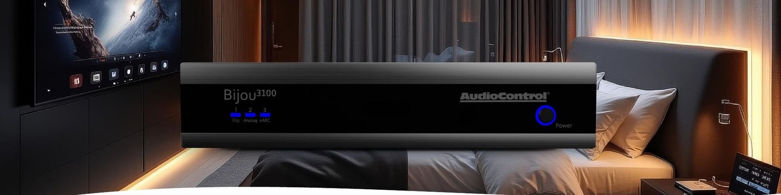 Bijou 3100 under a TV in a modern bedroom