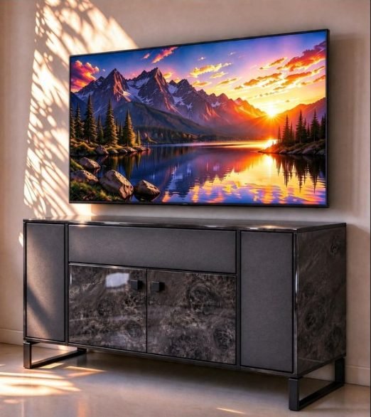 TV credenza with dark stone-effect doors