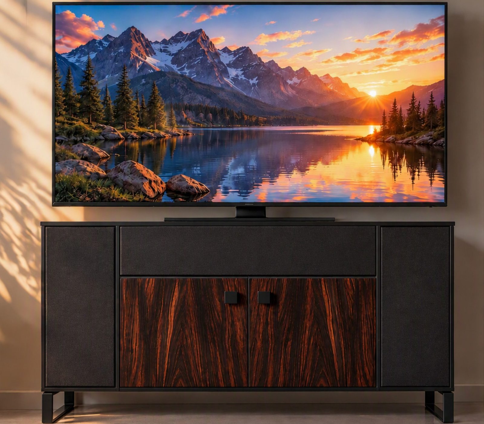 Integrated TV credenza in rosewood with a television above it, lit by afternoon sun