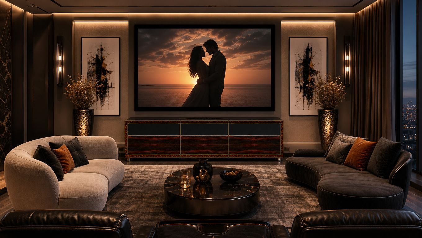 Private home cinema with a handcrafted AUDES credenza beneath a large screen