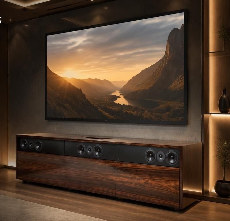 Wood UST credenza beneath a large screen showing a mountain valley at sunset