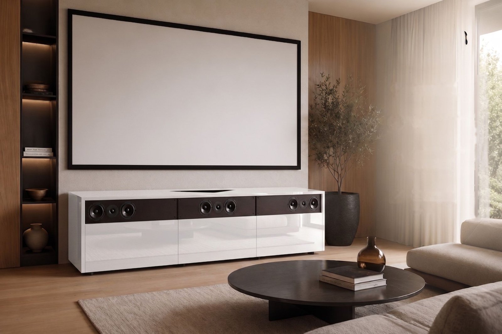 High-gloss white UST credenza with built-in left, centre and right speakers