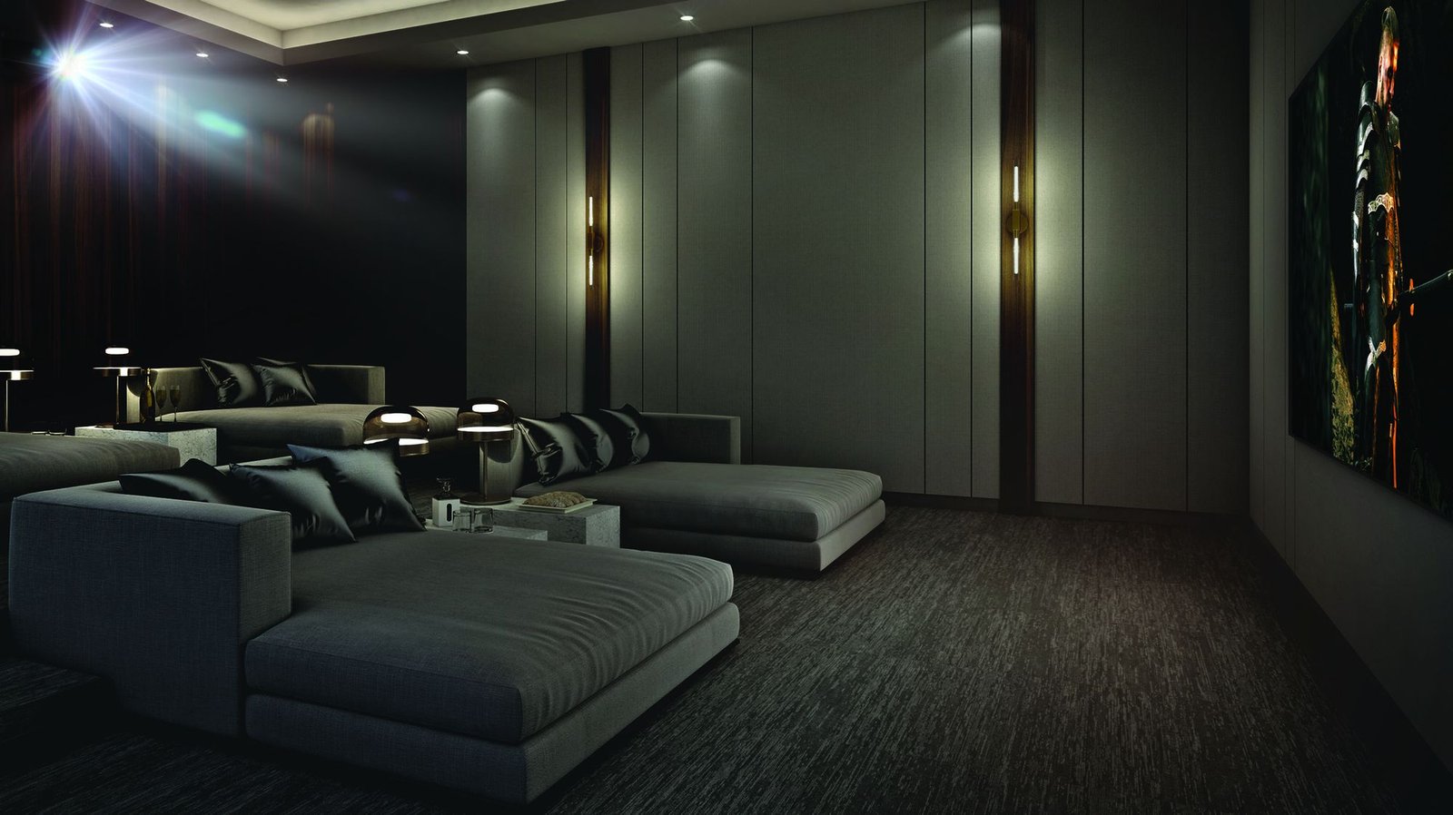 Private home cinema with lounge seating and a projected image on a large screen