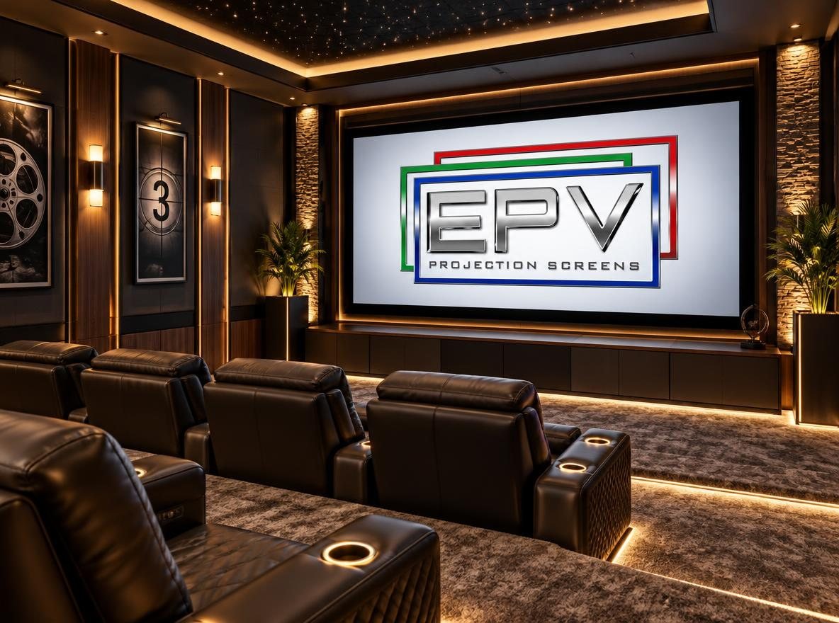 Dark luxury home theater with recliners and a large EPV screen
