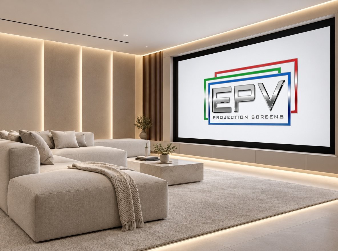 Light living room with a large EPV fixed frame screen