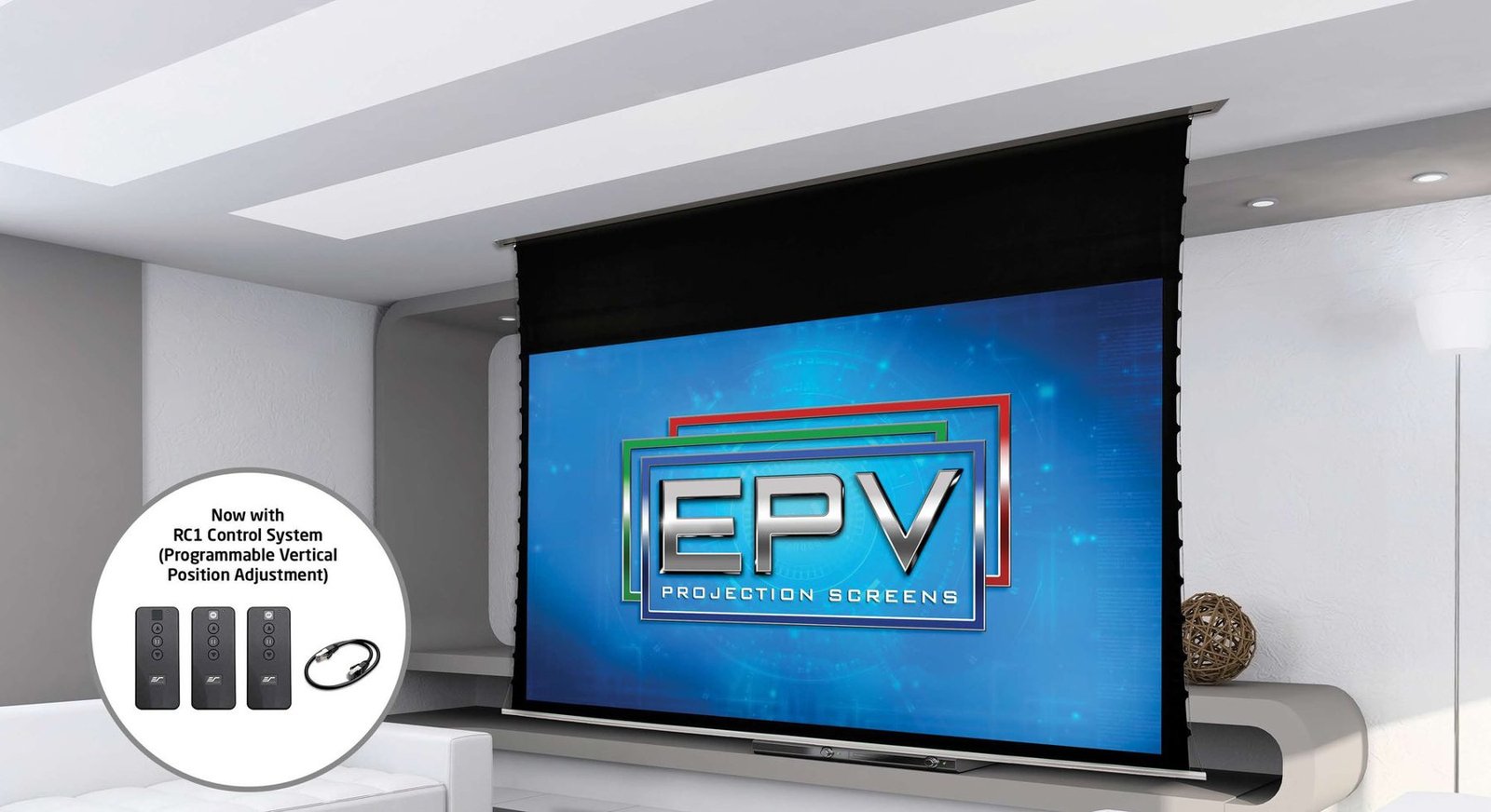 Polar Max Recessed in-ceiling screen installed, with the RC1 control system