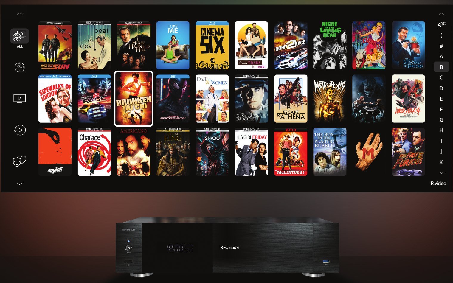 R_volution player with the R_video movie library on screen