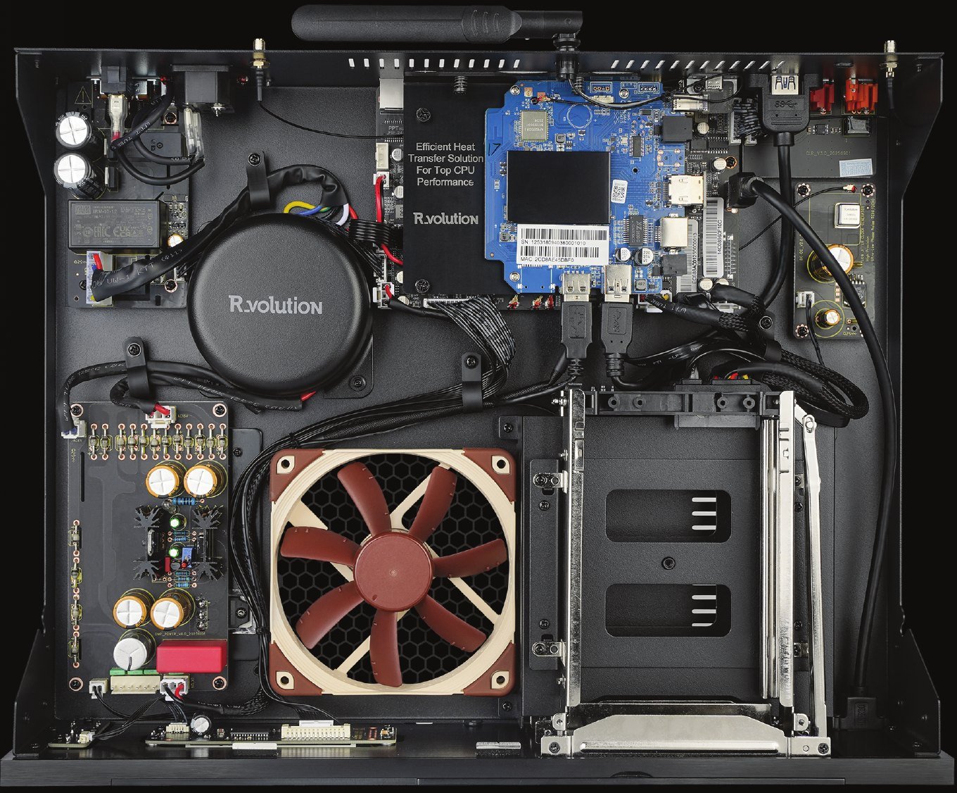 Inside the PlayerPro 8K TV: toroidal transformer, cooling fan and dual hard-drive rack